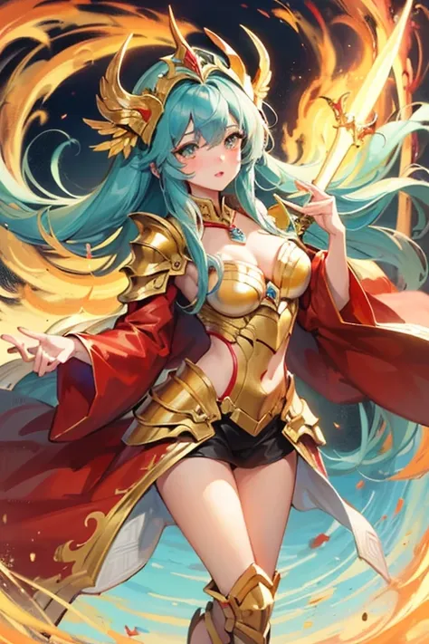 ((best quality)), ((Artwork)), (detailded), 1 girl, Dragon woman, cabellos largos dorados, golden armour, Golden Dragon Knight, golden wings, pinky skin, Eyes red, legs thick, blush cheeks, golden giant sword