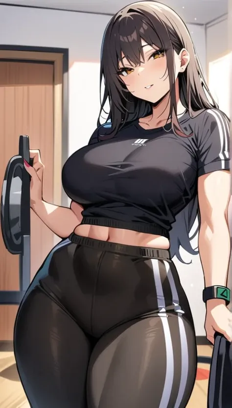 ((Best Quality)), ((masterpiece)), (detailed), 1 girl, long black hair, red locks, Brown eyes, medium large breasts, big thighs, Chica fitness, flirtatious expression, black gym clothes, at home