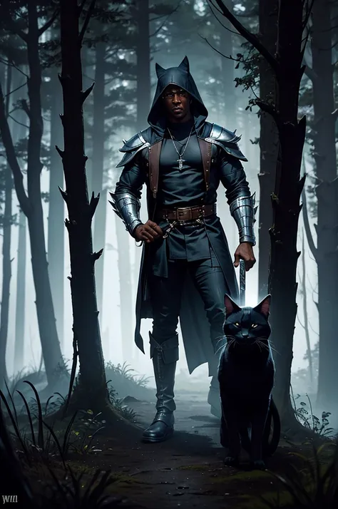 do wesley snipes, wearing dark clothes and a hood, appears in a combat pose. he carries two swords on his back, one silver and o...