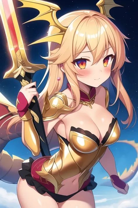 ((best quality)), ((Artwork)), (detailded), 1 girl, Dragon woman, cabellos largos dorados, golden armour, Golden Dragon Knight, golden wings, pinky skin, Eyes red, legs thick, blush cheeks, golden giant sword