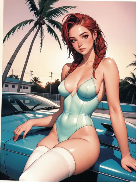 (work of art, best qualityer), absurdists,  retro, miami, sunset, ferrari, palm tree, 90s, Red hair, braids, white thigh highs, that&#39;s why, short jacket, high-waist, waist belt, latex shorts, bloated camel, background red, 