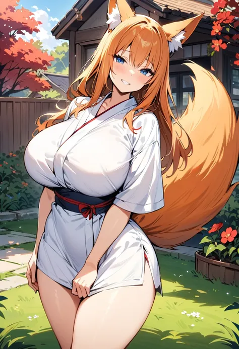 ((Best Quality)), ((masterpiece)), (detailed), 1 girl, Orange hair, long hair up, fox ears, clear skin, blue eyes, big breasts, wide thighs, white kimono with red flowers, Fox tail, happy expression, short stature, at home, in the backyard