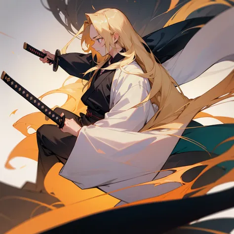 Boy Long blonde hair, with a black haori, and a katana in his back.