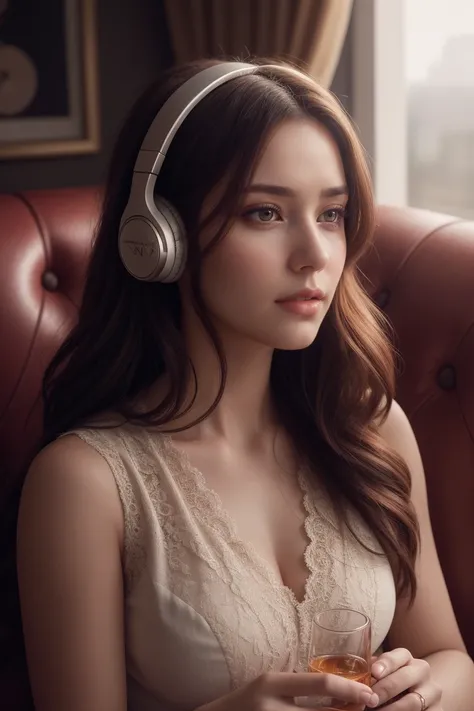 a beautiful girl listening to music with headphones, holding a glass of whiskey, detailed face, detailed eyes, detailed lips, detailed hands,  beautiful dress, sunlight, high quality, digital art, photorealistic, 8k, hyperdetailed, intricate details, drama...