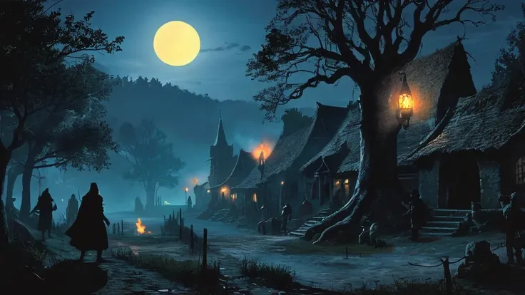 quiet medieval village at night, bathed in the eerie glow of a full moon. the scene should include shadowy figures of villagers ...