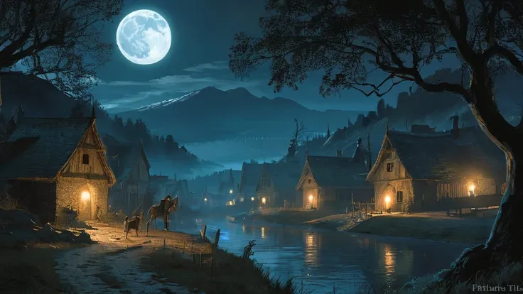 quiet medieval village at night, bathed in the eerie glow of a full moon. The scene should include shadowy figures of villagers going about their nightly routines, with an underlying sense of dark fantasy. Include elements like ancient stone buildings, fli...