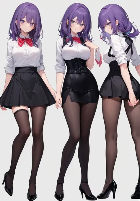 Purple hair,long hair,Adult female,((Rolling up your sleeves shirt)),(corset),(skirt),High heels,((Simple White background)),Smile,((Full body)),((whole body)),(((upright)))