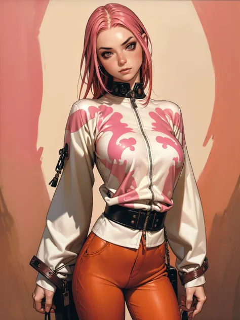 (best qualityer))), (((manga strokes))), (((pink hair with red highlights))), (((baggy pants with bone print))), uma Kizi jovem muito bem vestida com roupas modernas de inverno, pants with military camouflage pattern, top gift vertical stripes, short jacke...