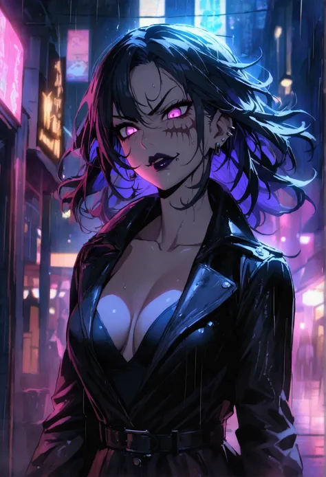 (anime women), demon women, (demon eyes) standing in a rain soaked, city street at night, cinematic lighting (best quality:1.2)detailed, neon lights, vivid colors,bokeh, angry looking face with smirk on mouth, piercing, ((piercing)), gaze, 4k, particles in...