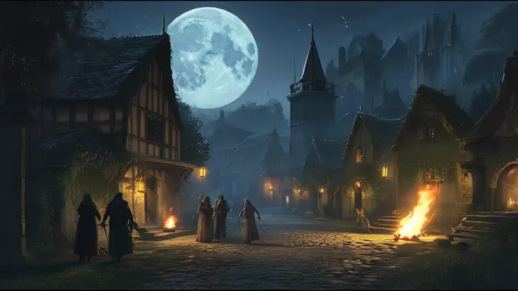 a quiet medieval city at night, enveloped in the eerie glow of a full moon. the scene features several villagers: a blacksmith w...