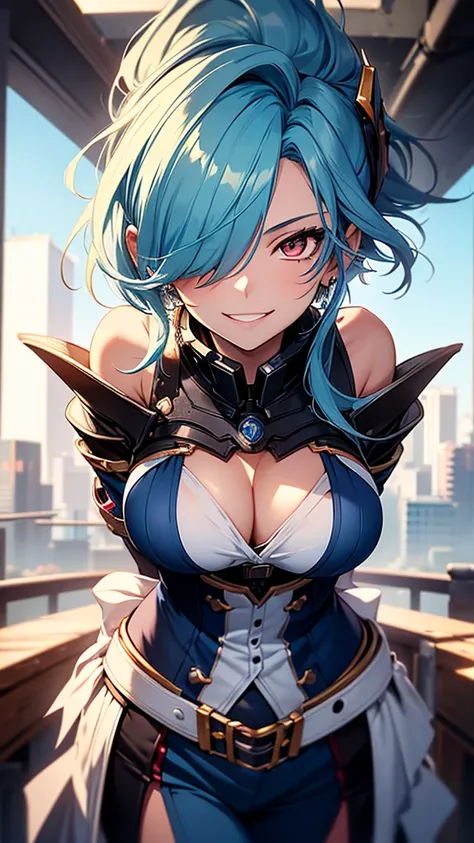 High resolution, One girl, chest, Blue Hair/Light blue hair, Cowboy Shot, Big chest, Red eyes, Big chest, Earrings, smile, smiling, 8k octane, High resolution, masterpiece, High detail, High-resolution model, high quality, Textured skin, Action Painting, C...