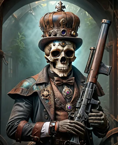 (Realisttic:1.2), analog photo style, (steampunk King of deads, full body shot, ultra detailed skull face, rusty metal crown, hilding antique rifle, detailed perfect eyes, cover, fantasy aura, retro aesthetic, epic realistic photo, colorfull, hyperdetailed...