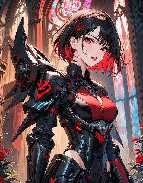 a portrait of mecha female vampire in a dark gothic cyberpunk church, an exotic exquisite beautiful mecha female vampire, dynamic hair color, short hair, dynamic eyes color, intense eyes, (vampire fangs),  glowing eyes, dynamic eyes color, wearing intricat...