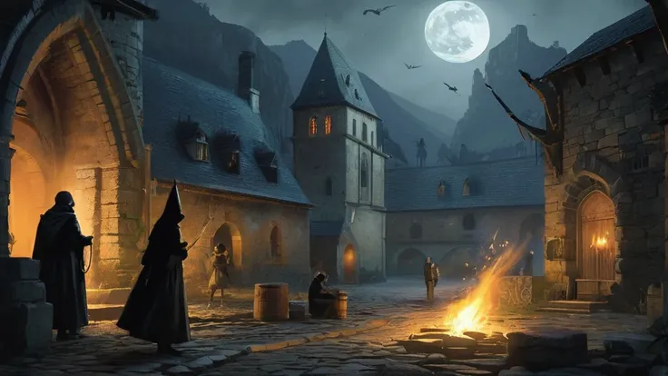 quiet medieval city at night, illuminated by the pale light of a full moon. The scene should feature several inhabitants: a blacksmith working late at his forge with sparks flying, an elderly woman gathering herbs by the light of a flickering lantern, and ...