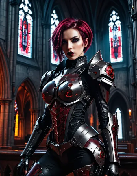 a portrait of mecha female vampire in a dark gothic cyberpunk church, an exotic exquisite beautiful mecha female vampire, dynamic hair color, short hair, dynamic eyes color, intense eyes, (vampire fangs),  glowing eyes, dynamic eyes color, wearing intricat...