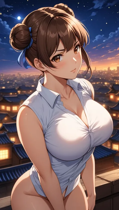 masterpiece, best quality, highres, 4k, 8k, intricate detail, cinematic lighting, amazing quality, amazing shading, soft lighting, Detailed Illustration, anime style, wallpaper,1girl, naked_shirt,,chun_li(street_fighter),1girl,brown_eyes,short_hair,  brown...