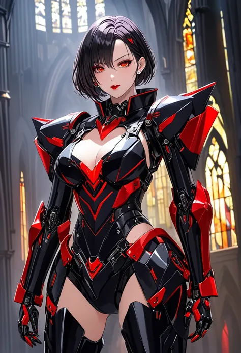 a portrait of mecha female vampire in a dark gothic cyberpunk church, an exotic exquisite beautiful mecha female vampire, dynamic hair color, short hair, dynamic eyes color, intense eyes,  glowing eyes, dynamic eyes color, wearing intricate mech armor, del...