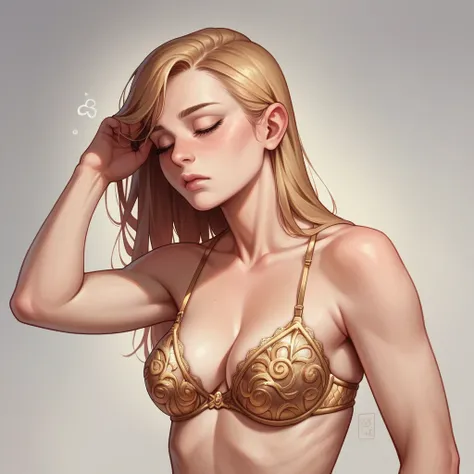 ((masterpiece)), ((best quality)), (detailed), perfect, solo, topless, golden lace bikini, , sleepy