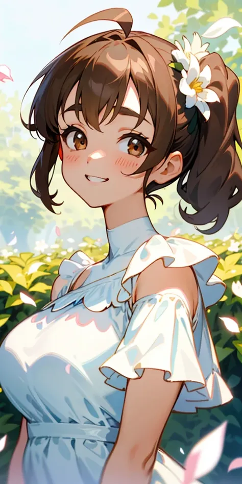 １girl、big eyes、dark brown eyes、light brown hair、side ponytail、big breasts、ahoge、plain white off-the-shoulder dress、short sleeve、...