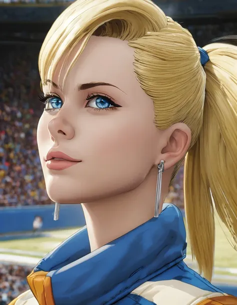 android 18, android 18, blonde, blue eyes, eyelash, hoop earrings, short hair, earrings, cheerleader costume, full, football sta...