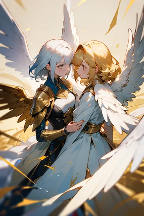 Ultra detailed image with 2 girls, one has white hair and white clothes and wings, the other girl has golden hair with golden clothes and wings