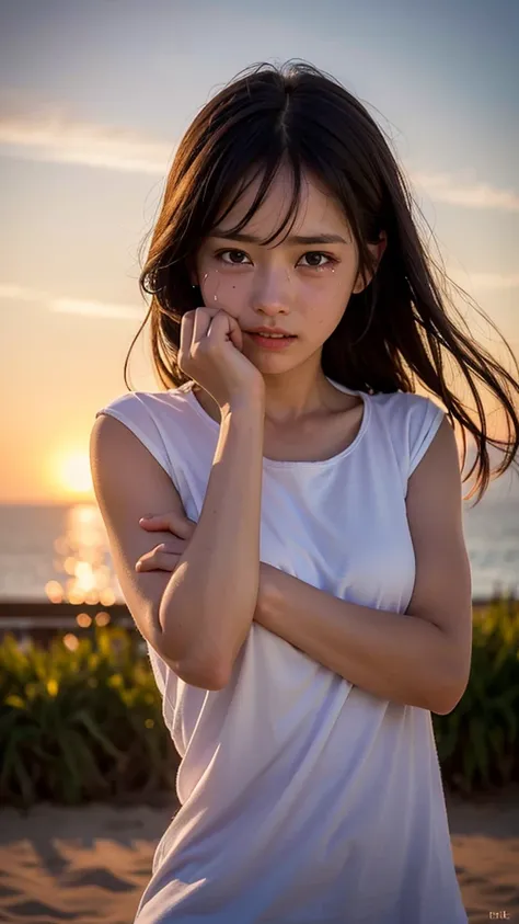 A cute little crying girl in the sunset view ((best quality)), ((masterpiece)), ((detailed)), ((hd)), ((8k resolution))
