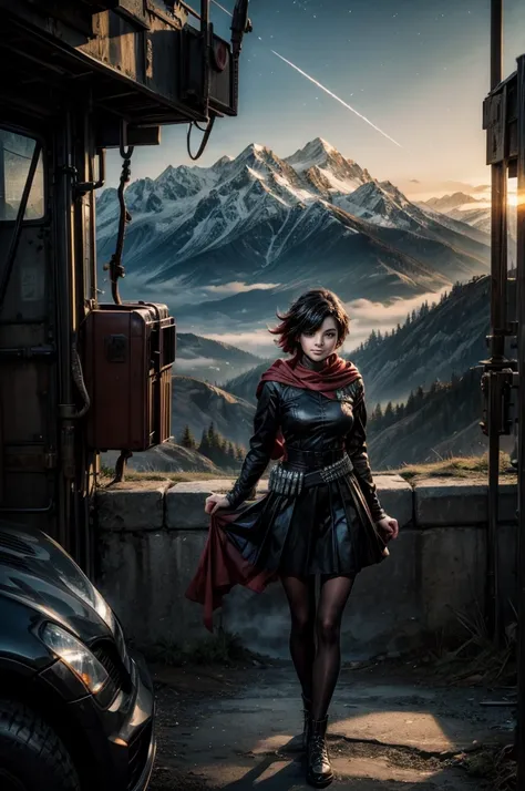 (masterpiece, best quality:1.2), cowboy shot, solo, 1girl, ruby rose, grin, looking at viewer, arms behind back, black dress, long sleeves, red cape, pantyhose, standing with crowd in city ruins on hill, overlooking valley, (crowd in military uniforms) BRE...