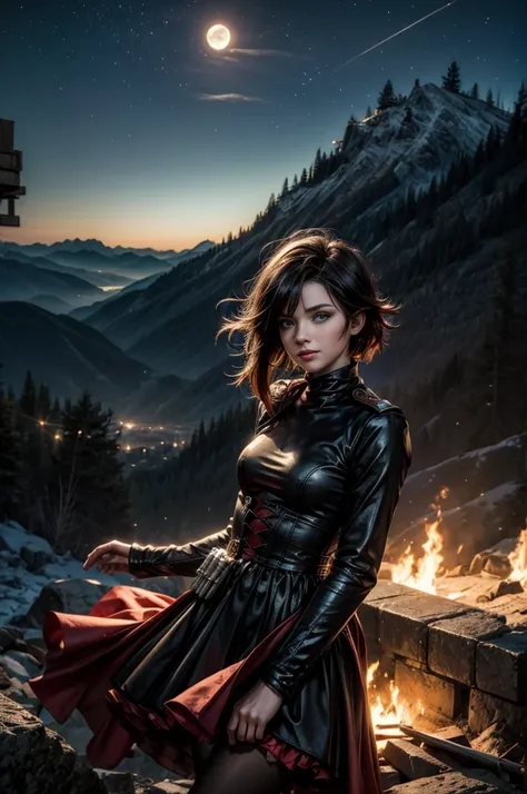 (masterpiece, best quality:1.2), cowboy shot, solo, 1girl, ruby rose, grin, looking at viewer, arms behind back, black dress, long sleeves, red cape, pantyhose, standing with crowd in city ruins on hill, overlooking valley, (crowd in military uniforms) BRE...