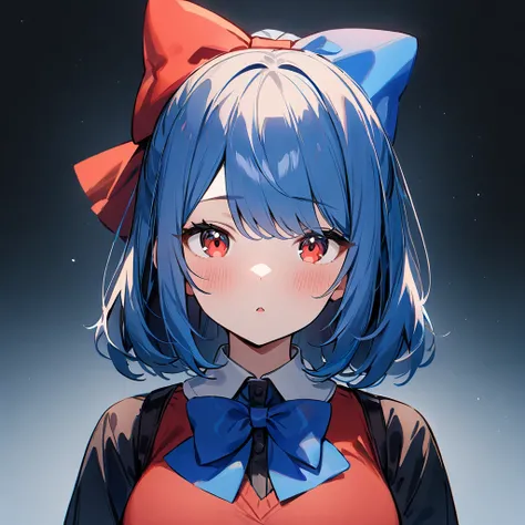 1girl,Solo,cute,Blue hair,Blue and red, swept bangs,straight-on,medium hair,big breast,masterpiece, best quality,very aesthetic,absurdres,(bow),(Low brightness)