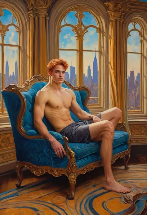 homoerotism illustration , symetric composition, in oil painting romanticism and realism style, full body of a young man sitting on a sofa with his feet open arms extended on the sofa, arrogant look and smile, shirtless barefoot wearing shorts, in an art n...