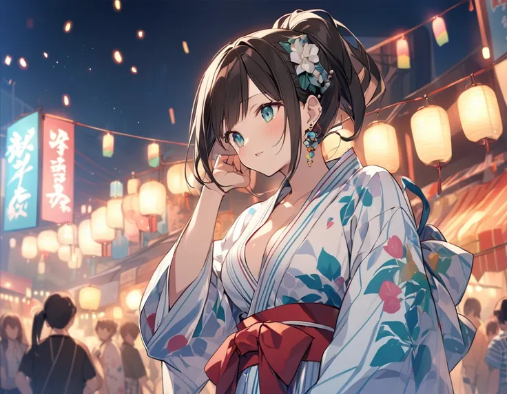 Shibuya Rin in a yukata at the summer festival、ponytail、Earrings、I can see her cleavage、