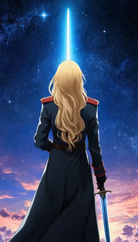 Starry Sky，１people々,　Blonde long hair，Long coat，sword，silhouette， Rear View，Space Sky, Anime Style,masterpiece,best quality,ultra detailed,high-resolution,8k portrait,unity 8k wallpaper,extremely detailed CG unity 8k wallpaper
