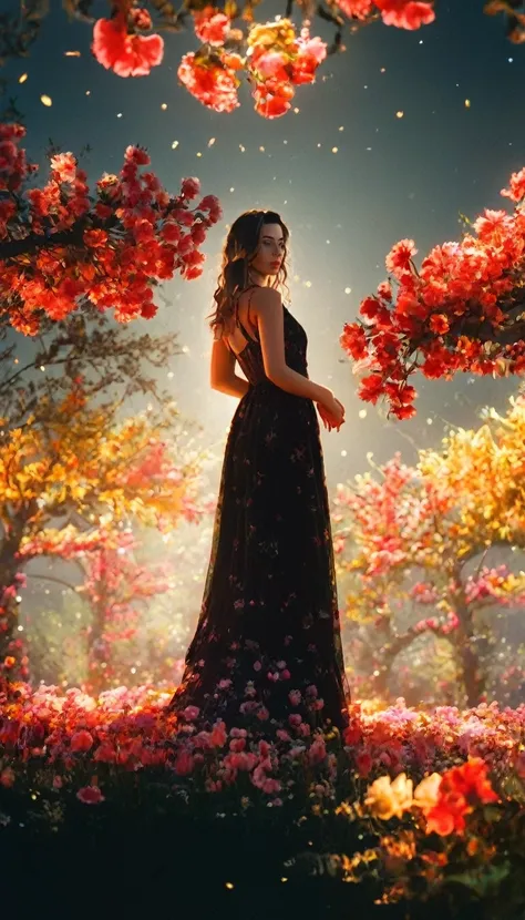 アニメ,Beautiful woman in a long dress、Standing on a shining island surrounded by floating red flowers。. The black sky reflects the neon lights、A yellow light shines from behind her. In the center is a small tree that glows like fire... masterpiece,best quali...