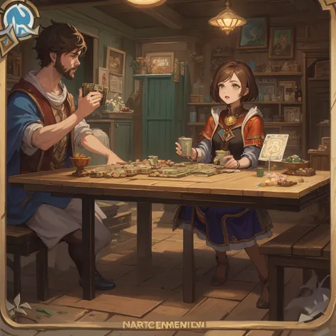 white woman with short red hair, short brown haired white woman, man with brown hair and beard, black haired man without beard. Os quatro estão sentados juntos a mesa jogando um jogo de rpg em a multidimensional cozy tavern, board game cover art      Arte ...