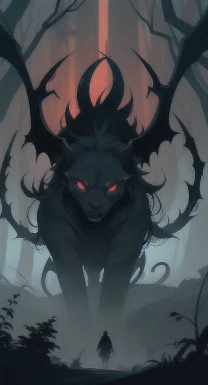 Foggy Forest, ancient female creature, demonic silhouette, manticore shadow figure, red eyes, eyes in the fog, rotting, looking dead, torn wings, 