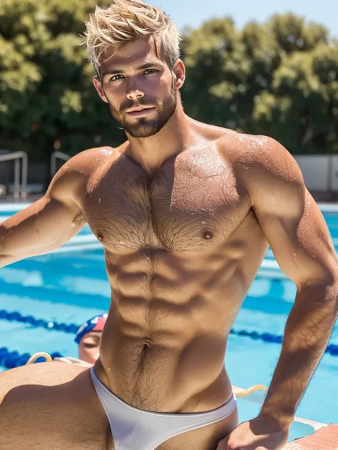 masterpiece, best quality, high resolution, closeup portrait, male focus, solo focus, detailed face, A man, 25 years old, swimmer, wearing tight and revealing swimmer speedo, very hairy body, visible pubic hair, blonde bleached hair, messy hairstyle, wet h...