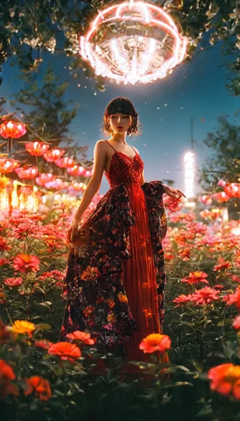 アニメ,Anime Style,Beautiful woman in a long dress、Standing on a shining island surrounded by floating red flowers。. The black sky reflects the neon lights、A yellow light shines from behind her. In the center is a small tree that glows like fire... masterpiec...