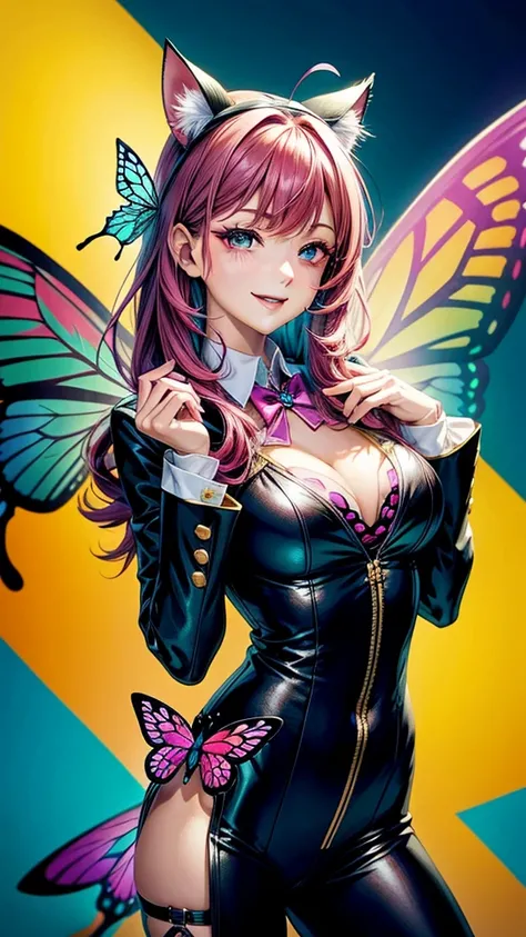 Magenta hair, brown eyes, older woman, hair bows, cat ears, long hair, smiling face, sexy outfit, butterflies, teal and gold outfit, butterfly background, uniform open chest top