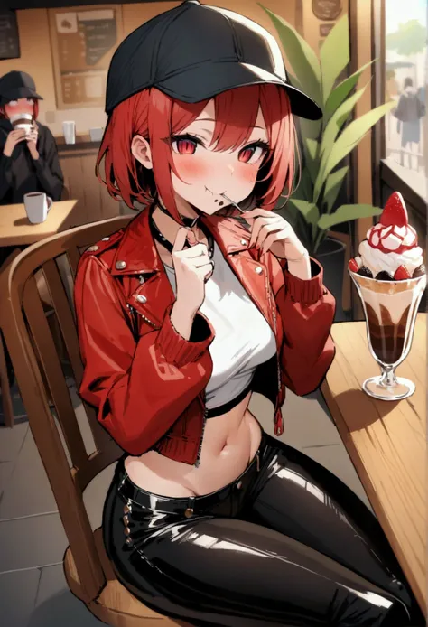 masterpiece,Highest quality,High resolution,Very detailed,short hair,Red Hair,Red eyes,Slit eyes,A big smile,blush,cap,Crop top shirt,Jacket,Leather pants,Groin,Coffee shop,Eating a parfait,Sitting in a chair