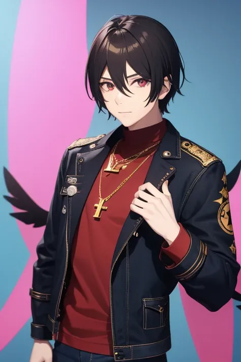 V Flower Vocaloid 16 year old boy Black hair with black light brown eyes Black open jean jacket with wings print Red shirt Blue jeans Gold cross necklace looking directly at viewer on a light blue background