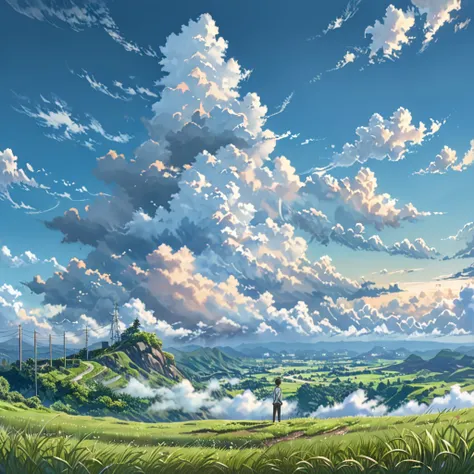 anime, anime landscape, beautiful hair, boyfridend girlfrien sweet, looking at clouds, in a grassland, creative, realist, white clouds, blue sky, landscape amazing, guy looking away from camera, wide photo