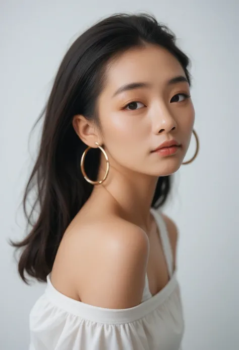 asian girl, black hair, loose hair, face and body looks into the camera, full face, eyes looks into camera, (neutral expression) bad girl face, studio lighting, masterpiece, best quality, solo, 1girl, luminous skin, ultra textured skin, hoop earrings, ultr...