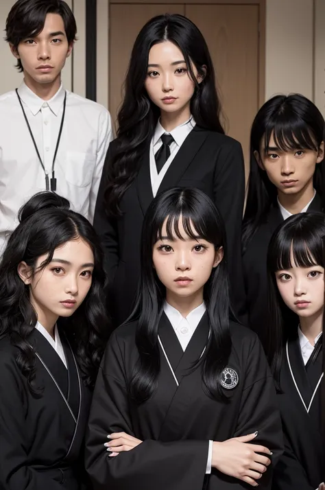 3 men and 3 women in the background, two of the men are black and one of the women is black, another woman has wavy hair and the other straight hair, They all wear a black Japanese uniform 