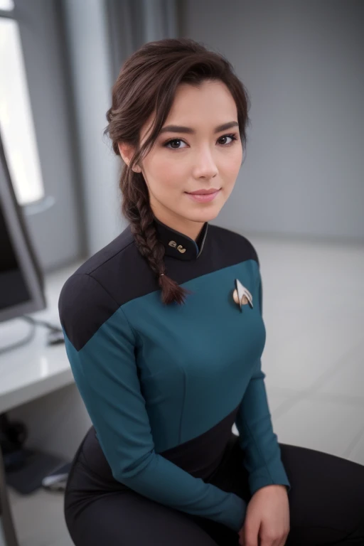 front medium (chr1sch0ng:0.99) a woman kneeling, (s3stngunf uniform uniform),aesthetic lighting dark studio, bokeh, beautiful face, narrowed eyes. smirk. black braided hair,
