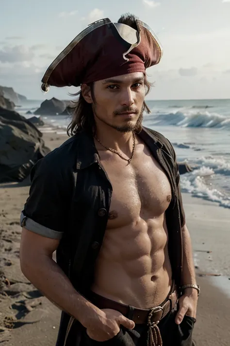 A pirate on a beach coast with his shirt closed