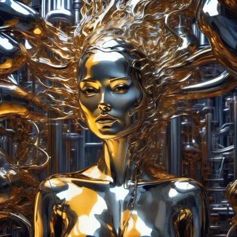 liquid metal mimics a human woman、half body portrait、in a cyberpunk chemical factory