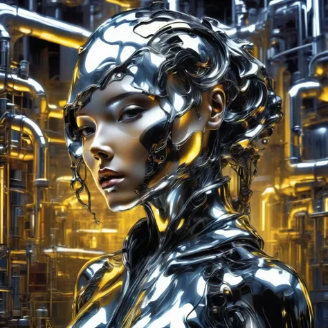 liquid metal mimics a human woman、half body portrait、in a cyberpunk chemical factory