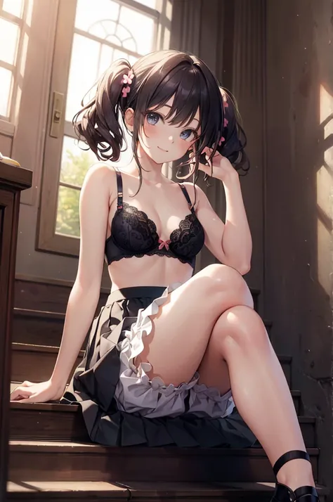 (masterpiece), 4K,woman,Party Dresses,Small breasts,Small Ass,Curly Twin Tails,Light bulb lighting,Realistic, skinny, Big smile,Frill Bra,((,Short bloomers under a skirt)),Sitting on the stairs,((Long skirt)),Angle from below the knee