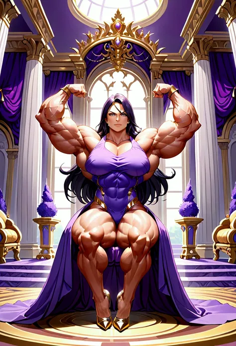 Unstoppable_queen (((muscular size, massive biceps, bulky muscles, very wide))) large_character ( lavender dress, peep toe high heels) sitting_on_thrown ((gold and purple palace)) (masterpiece, Best quality:1.2) elegant, beautiful 