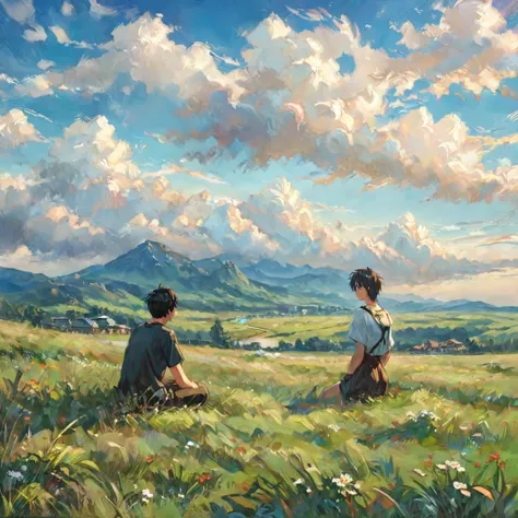 anime, anime landscape, beautiful hair, boyfridend girlfrien sweet, looking at clouds, in a grassland, creative, realist, white clouds, blue sky, landscape amazing, guy looking away from camera, wide photo